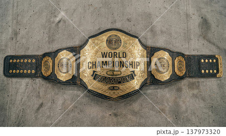 Close-up of world championship belt on concrete. Symbolizes victory, achievement, success and determination. 137973320