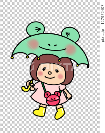 June: Stylish rainy-day outfits featuring frogs – umbrella, rain boots, and bag. 137973407