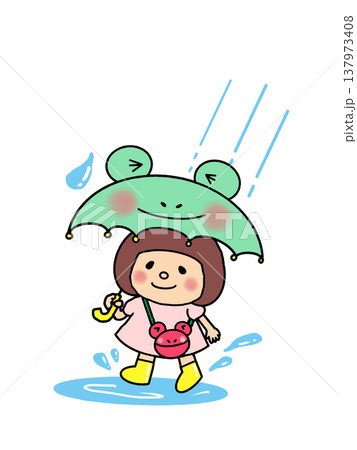 ザーザー雨の日コーデ　かえると私と水たまり　カワイイ傘と長靴でごきげん 137973408