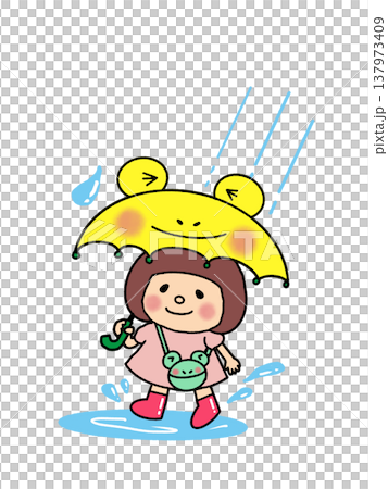 雨の日もカエル帽子と傘でニコニコ　長靴で水たまりへっちゃらボブの女の子 137973409