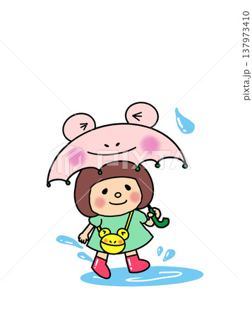 ピンクのかえるの傘と長靴でおでかけ　ちゃぷちゃぷ　ボブヘア女子 137973410