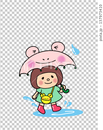 ピンクのかえるの傘と長靴でおでかけ　ちゃぷちゃぷ　ボブヘア女子 137973410