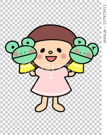 一隻青蛙玩偶，一個穿著粉紅色洋裝、愛說話的女孩。 137973411