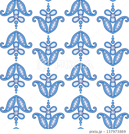 Blue leaves and flowers seamless pattern. Romantic vintage ornament on white background. Cute refine summer decor Blue leaves and flowers seamless pattern. Romantic vintage ornament on white background. Cute refine summer decor 137973869