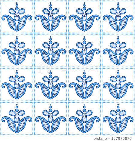 Cozy decor of blue leaves and flowers. Floral seamless pattern. Romantic vintage ornament on white background. Square mosaic tile 137973870