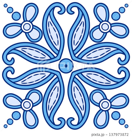 Traditional rustic style design element. Monochrome blue floral motif. Blue curved flowers and leaves on white background. Vintage square mosaic tile 137973872