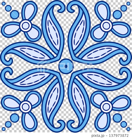 Traditional rustic style design element. Monochrome blue floral motif. Blue curved flowers and leaves on white background. Vintage square mosaic tile 137973872