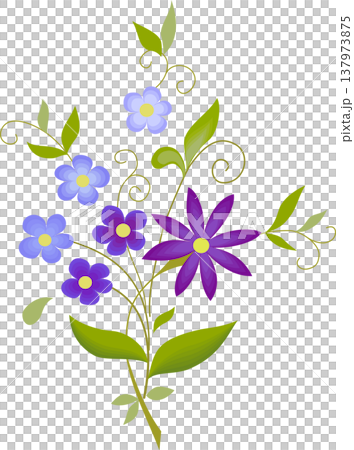 Bouquet of flowers in folk style. Delicate blue purple flowers and green leaves. Graceful spring bouquet vector illustration. Plant composition. Holiday greeting card design of flowers. Bouquet of flowers in folk style. Delicate blue purple flowers and green leaves. Graceful spring bouquet vector illustration. Plant composition. Holiday greeting card design of flowers. 137973875