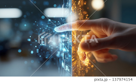 Human Hand Reaching Toward Glowing AI Digital Holographic Hand 137974154