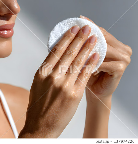 Woman hand cotton pad female hand skin care soft cotton round facial cleansing routine gentle beauty skincare natural cosmetic pad delicate touch clean fresh skin minimal style wellness concept 137974226