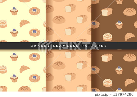 Bakery seamless patterns collection with bread and pastry 3 designs set vector illustration. Bakery seamless patterns collection with bread and pastry 3 designs set vector illustration. 137974290