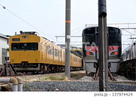 電車区に留置中の115系電車と227系電車 137974424