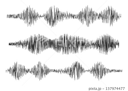 Set of polygraph or seismic charts isolated on white background. Seismogram or lie detector graphs. Ground vibration, earthquake line, sound or pulse record waves. Vector graphic illustration 137974477