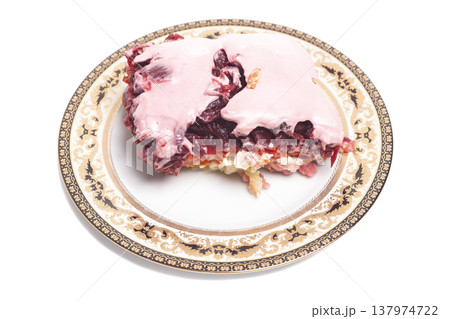 Herring under fur coat salad isolated on white 137974722