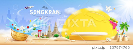 Songkran water festival thailand, yellow podium display, Thailand tourism architecture, flowers in a water bowl water splashing 137974760