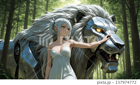 Gemini の回答 森の中で白髪の少女が巨大なメカライオンに寄り添う様子 137974772