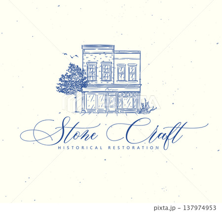 Vintage house label with text stone craft historical restoration blue Vintage house label with text stone craft historical restoration blue 137974953