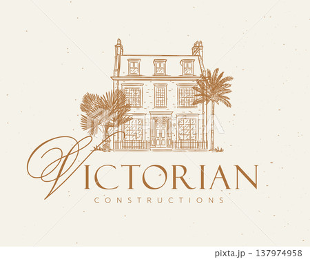 Vintage house label with text victorian constructions beige Vintage house label with text victorian constructions beige 137974958