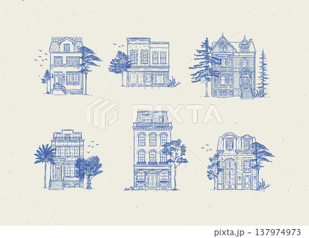 House compositions old fashioned style blue House compositions old fashioned style blue 137974973