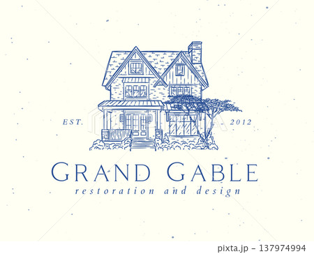 Vintage house label with text grand gable restoration and design blue 137974994