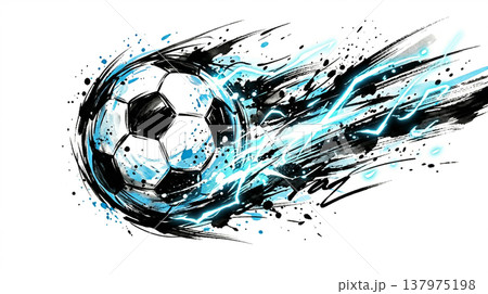 青い稲妻と飛ぶサッカーボールの水墨画 青い稲妻と飛ぶサッカーボールの水墨画 137975198