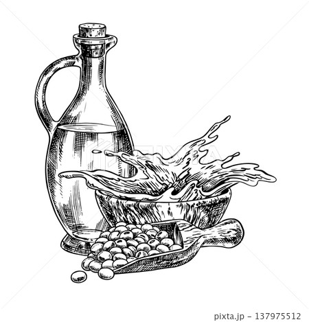 Soybean oil. A glass bottle, a handful of soybeans in a wooden scoop, and a splash of oil in a wooden bowl. Black and white vector graphics. For menus, recipes, and packaging, labels, and more. 137975512