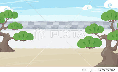 瓦屋根の塀と空の和風な背景イラスト_松の木_16:9 137975702