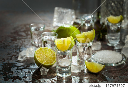 Tequila with lime, sea salt, and crushed ice. 137975797