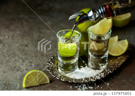 Tequila with salt and lime slices on a silver tray. 137975801