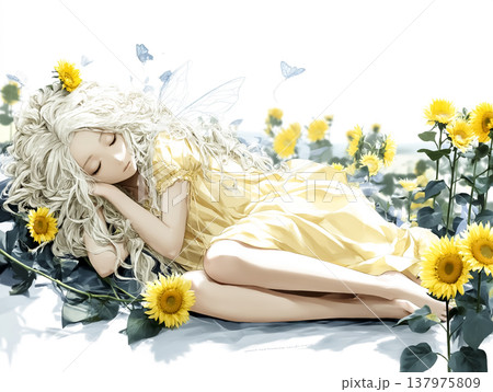 ひまわりの妖精が眠るファンタジーイラスト｜花に囲まれたやさしく幻想的なイメージ 137975809