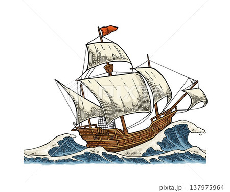 Sailing ship sails in stormy sea with big waves. Vector vintage engraving Sailing ship sails in stormy sea with big waves. Vector vintage engraving 137975964