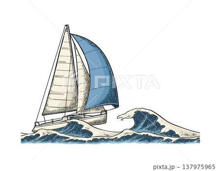 Sailing ship sails in stormy sea with big waves. Vector vintage engraving 137975965