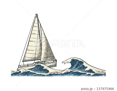 Sailing ship sails in stormy sea with big waves. Vector vintage engraving Sailing ship sails in stormy sea with big waves. Vector vintage engraving 137975966