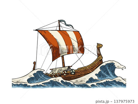 Drakkar floating in a stormy sea with big waves. Vintage vector engraving 137975973
