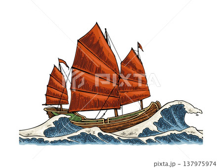 Junk floating in a stormy sea with big waves. Vintage vector engraving 137975974