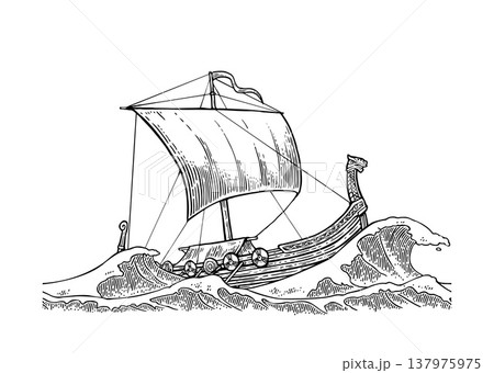 Drakkar floating in a stormy sea with big waves. Vintage vector engraving 137975975
