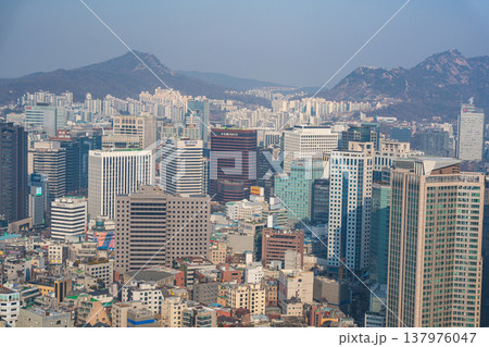 Aerial view of Jung-gu district buildings and urban landscape in Seoul, captured from Namsan Mountain. Aerial view of Jung-gu district buildings and urban landscape in Seoul, captured from Namsan Mountain. 137976047