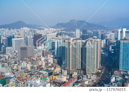 Aerial view of Jung-gu district buildings and urban landscape in Seoul, captured from Namsan Mountain. Aerial view of Jung-gu district buildings and urban landscape in Seoul, captured from Namsan Mountain. 137976055