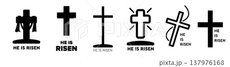 He Is Risen Christian cross icon set. Black religious cross symbols and typography for Easter Sunday isolated on white background. Resurrection church cross graphic elements. Vector illustration He Is Risen Christian cross icon set. Black religious cross symbols and typography for Easter Sunday isolated on white background. Resurrection church cross graphic elements. Vector illustration 137976168