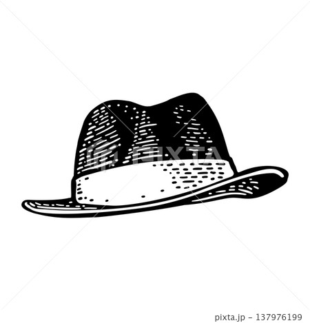 Man hat with ribbon. Vector black vintage engraving illustration. Isolated on a white 137976199