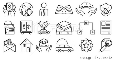 Insurance, business and finance black line icon set. Monochrome outline sign collection, isolated symbols 137976212