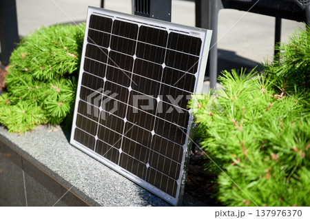 Photovoltaic solar panel against backdrop of vibrant green shrubs on stone ledge, soaking up sunlight in modern, urban landscape. Concept of integration of renewable energy within city environments. 137976370