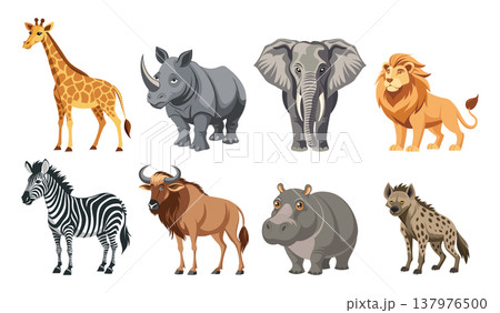 African animal collection. Wildlife set. African giraffe, rhinoceros, elephant, hippopotamus, zebra, lion, hyena. African animal collection. Wildlife set. African giraffe, rhinoceros, elephant, hippopotamus, zebra, lion, hyena. 137976500