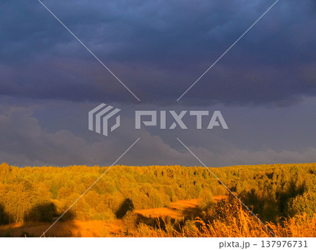 Thunderstorm over the forest. Autumn. Dramatic nature. Thunderstorm over the forest. Autumn. Dramatic nature. 137976731