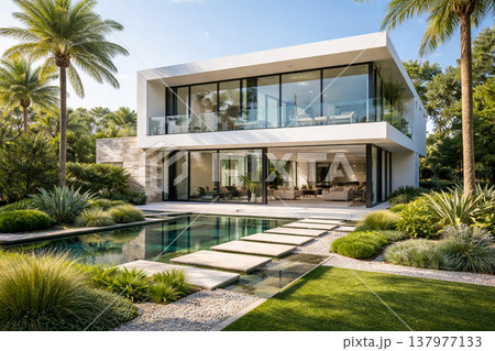 Modern Luxury Villa with Pool and Tropical Garden Landscape Modern Luxury Villa with Pool and Tropical Garden Landscape 137977133