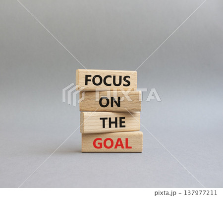 GOAL symbol. Wooden blocks with words FOCUS ON THE GOAL. Beautiful grey background. Business and GOAL concept. Copy space 137977211