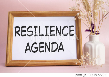 Resilience agenda symbol. Concept words Resilience agenda on beautiful wooden picture frame. Beautiful pink background with flower vase. Business and Resilience agenda concept. Copy space. Resilience agenda symbol. Concept words Resilience agenda on beautiful wooden picture frame. Beautiful pink background with flower vase. Business and Resilience agenda concept. Copy space. 137977292