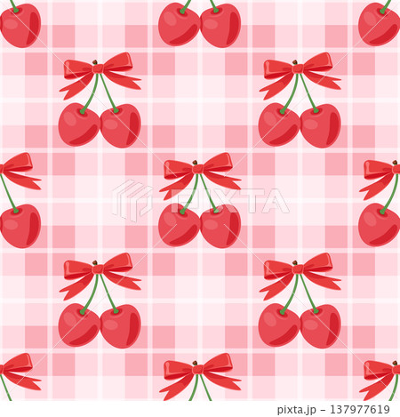 Vector Cherry Seamless Pattern Background with Cute Red Cherries on Pink Gingham Grid. Cherry Fruit Wallpaper for Textile, Fabric, Wrapping Paper, Surface Design. Cherry Repeat Print 137977619
