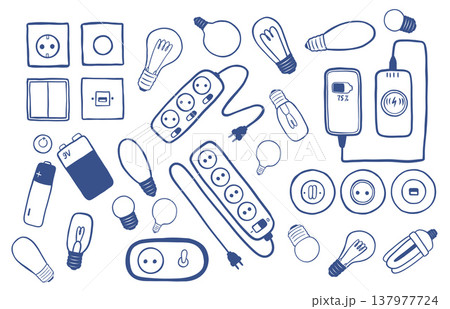 Hand drawn electrical equipment vector set with sockets, switches, power strip, light bulbs, batteries and smartphone charger. Minimal blue line art icons isolated on white background. 137977724
