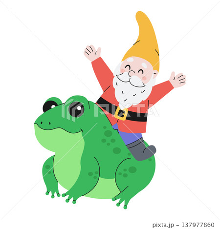 Cute cartoon garden gnome riding a frog. Hand-drawn. Vector illustration, isolated on a white background 137977860